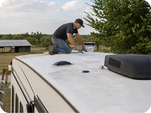 Roof coating in progress on a travel trailer
